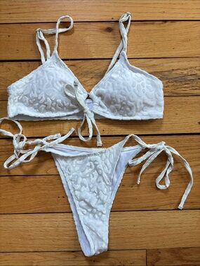 White Tie-Front Cheetah Bikini Set - Women Swim